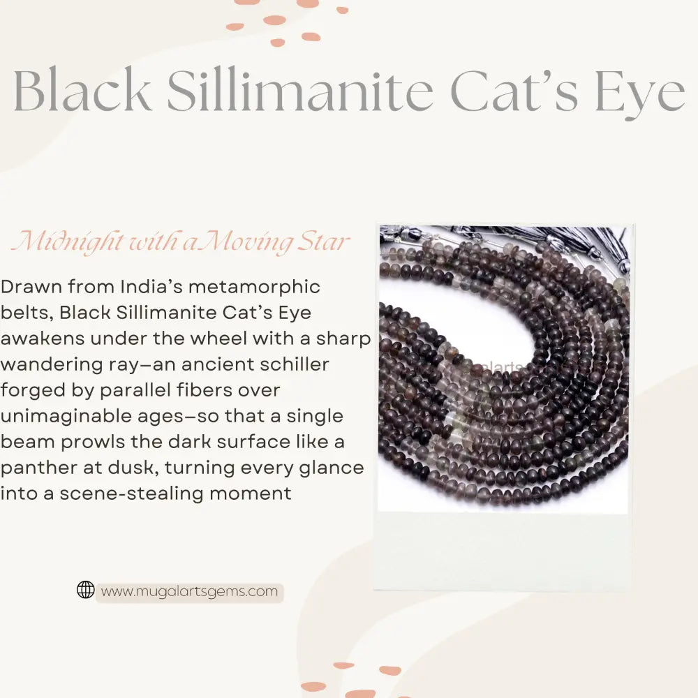 Natural Black Sillimanite Cats Eye Beads 67.44 To 88.88 Carat Approx. 5X6 To 6X8 MM Approx. 8 inch Rondelle Shape Black Color Smooth Beads.