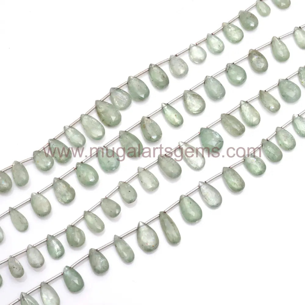 Natural Green Kyanite 64.25 Carat Approx. 5X8 To 6.5X15 MM Approx. 8 inch Pear Shape Green Color Faceted Beads.
