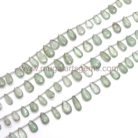 Natural Green Kyanite 64.25 Carat Approx. 5X8 To 6.5X15 MM Approx. 8 inch Pear Shape Green Color Faceted Beads.
