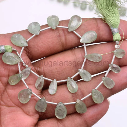 Natural Green Kyanite 64.25 Carat Approx. 5X8 To 6.5X15 MM Approx. 8 inch Pear Shape Green Color Faceted Beads.