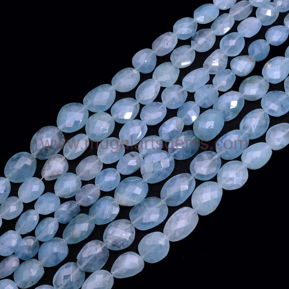 Natural Milky Aquamarine Faceted Flat Nugget Shape Beads – Sky Blue, 6x8 to 10x11 mm Approx., 8-Inch Strand, 58.5 Ct Approx.