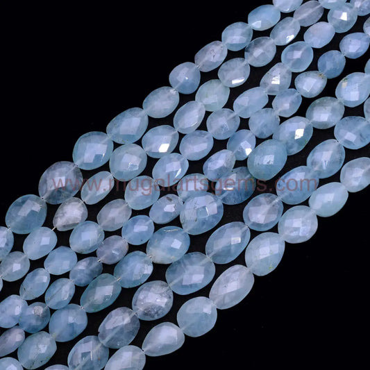 Natural Milky Aquamarine Faceted Flat Nugget Shape Beads – Sky Blue, 6x8 to 10x11 mm Approx., 8-Inch Strand, 58.5 Ct Approx.