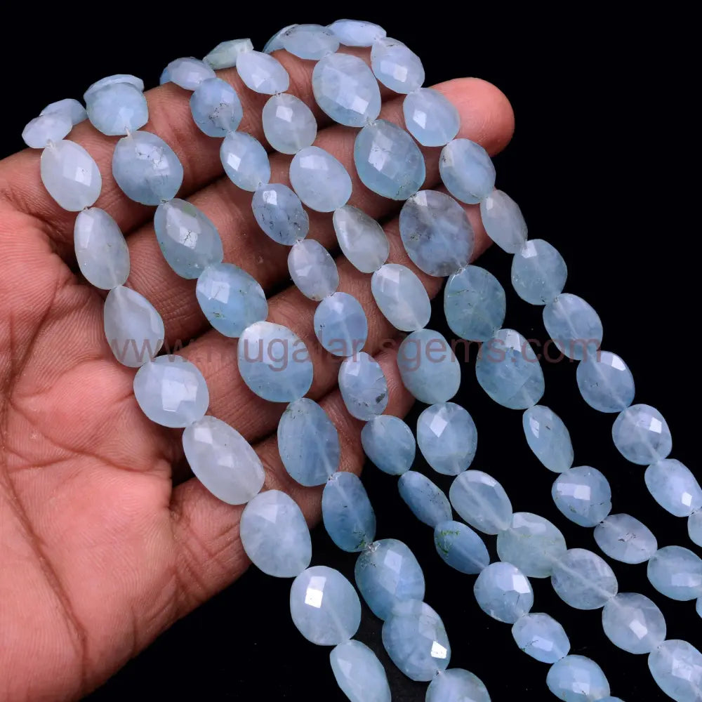 Natural Milky Aquamarine Faceted Flat Nugget Shape Beads – Sky Blue, 6x8 to 10x11 mm Approx., 8-Inch Strand, 58.5 Ct Approx.