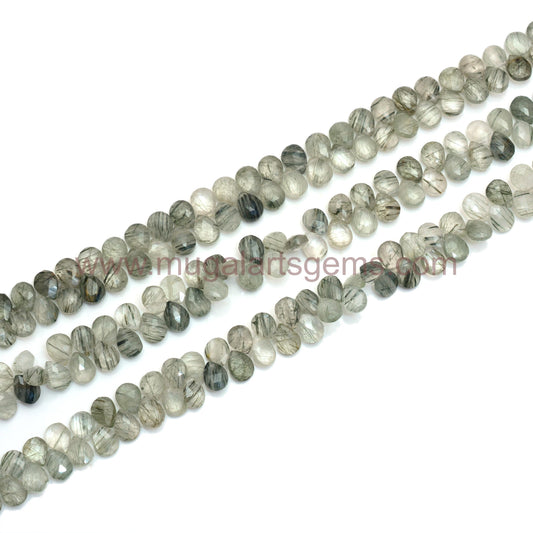 Approx. 91.66 Ct Green Rutile Pear Faceted Beads – 5.5x6.5 to 7x9 mm Approx., 8'' Strand Natural Textured Gemstone for Jewelry Making