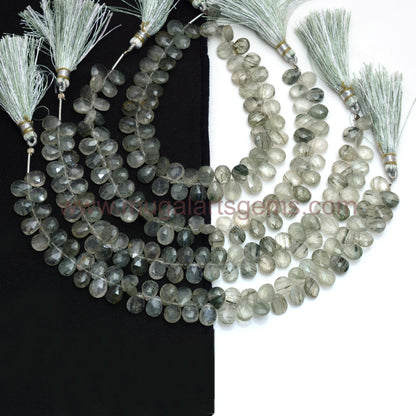 Approx. 91.66 Ct Green Rutile Pear Faceted Beads – 5.5x6.5 to 7x9 mm Approx., 8'' Strand Natural Textured Gemstone for Jewelry Making