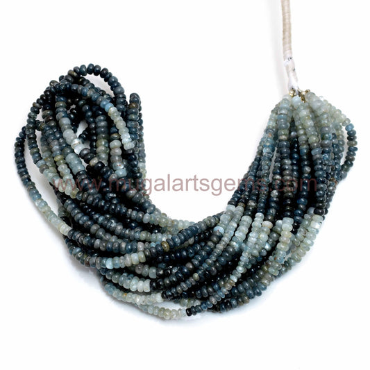 High-quality Moss Aquamarine beads in a smooth rondelle shape, sized approx. 3x5 mm. This 16-inch strand weighs 66.5 carats, Approx. Nature-inspired jewelry.