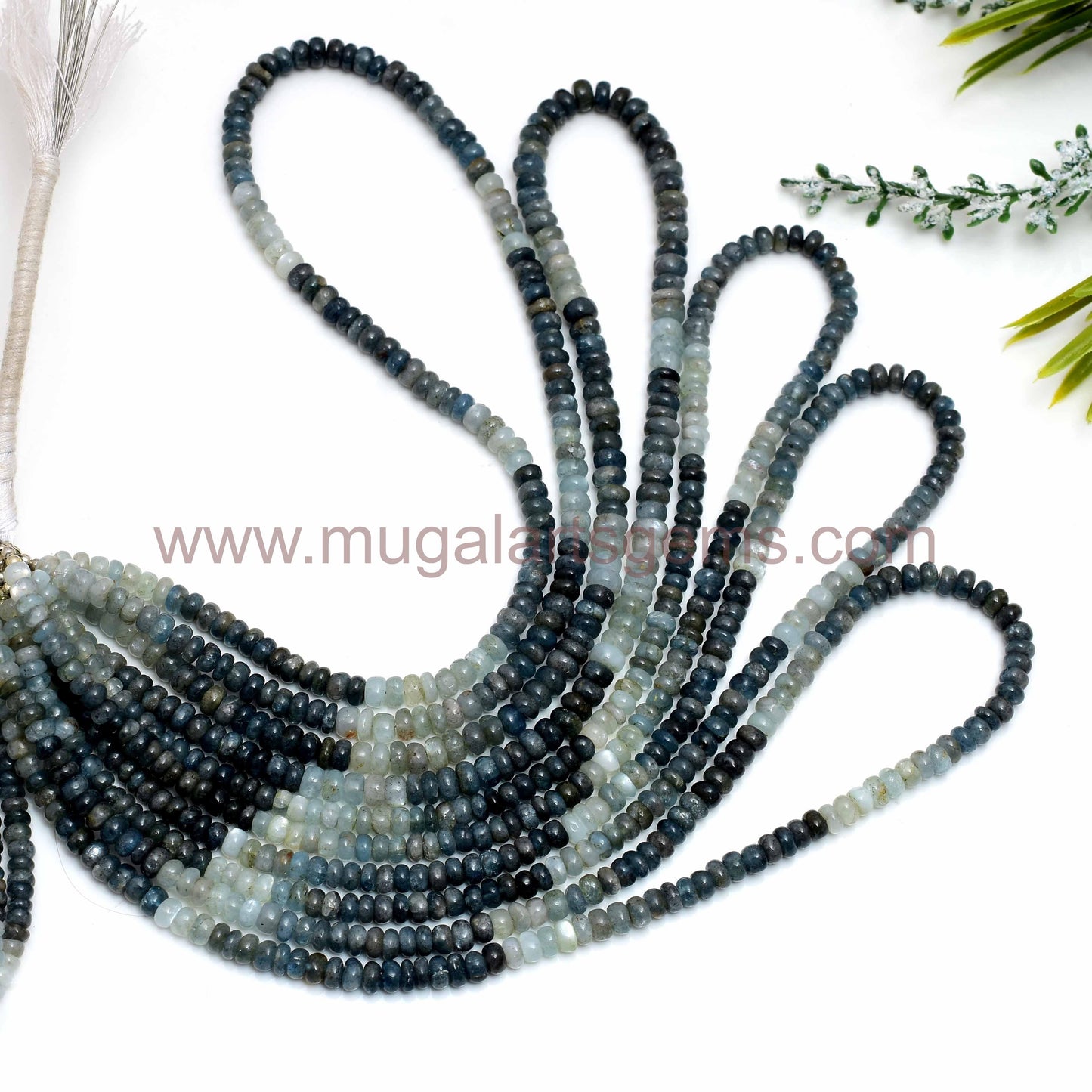 High-quality Moss Aquamarine beads in a smooth rondelle shape, sized approx. 3x5 mm. This 16-inch strand weighs 66.5 carats, Approx. Nature-inspired jewelry.