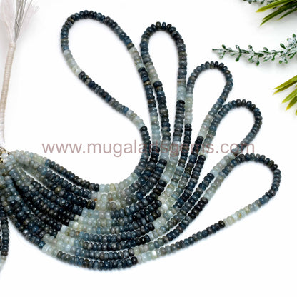 High-quality Moss Aquamarine beads in a smooth rondelle shape, sized approx. 3x5 mm. This 16-inch strand weighs 66.5 carats, Approx. Nature-inspired jewelry.