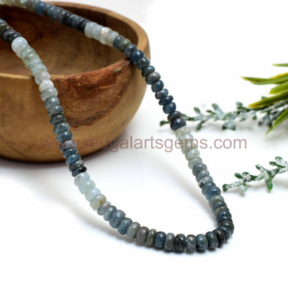 High-quality Moss Aquamarine beads in a smooth rondelle shape, sized approx. 3x5 mm. This 16-inch strand weighs 66.5 carats, Approx. Nature-inspired jewelry.