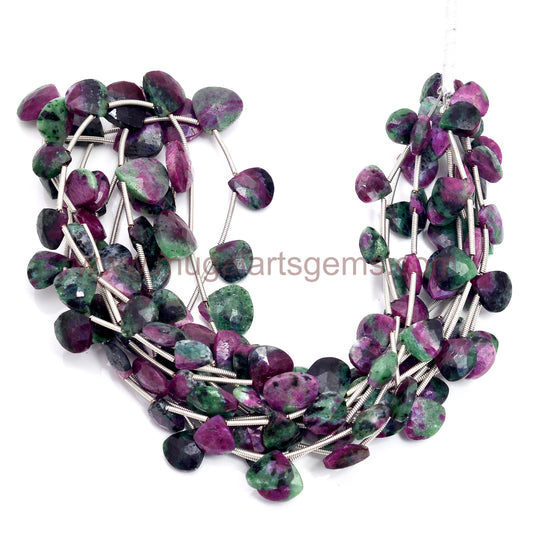 Natural Ruby Zoisite Beads – 96.8 Ct Approx. | 8.5x9 to 12x12.5 mm Approx. | 16 Inch Strand | Faceted Heart | Pink & Green Gemstones