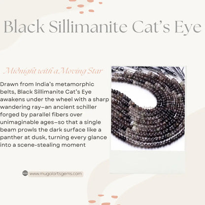 Natural Black Sillimanite Cats Eye Beads 67.44 To 88.88 Carat Approx. 5X6 To 6X8 MM Approx. 8 inch Rondelle Shape Black Color Smooth Beads.