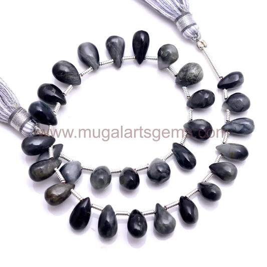 Natural Black cats Eye Beads 65 Ct Approx. 4x9 to 6.5x11mm Approx. 8 inch Drops Shape Black Color Smooth Beads.