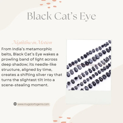 Natural Black Cats Eye Beads 5x7.5mm To 7.5 MM To 12.5 MM Approx. 56.6 to 108 Ct Approx. 8 inch Pear Shape Black Color Smooth Beads.