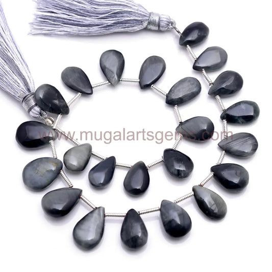 Natural Black Cats Eye Beads 5x7.5mm To 7.5 MM To 12.5 MM Approx. 56.6 to 108 Ct Approx. 8 inch Pear Shape Black Color Smooth Beads.