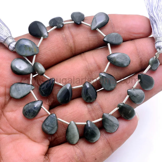 Natural Black Cats Eye Beads 5x7.5mm-10x18mm Approx. 56.6 to 108 Ct Approx. 8 inch Pear Shape Black Color Smooth Beads.