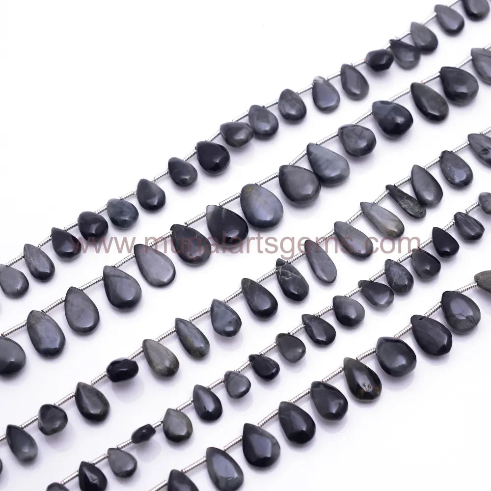 Natural Black Cats Eye Beads 5x7.5mm-10x18mm Approx. 56.6 to 108 Ct Approx. 8 inch Pear Shape Black Color Smooth Beads.