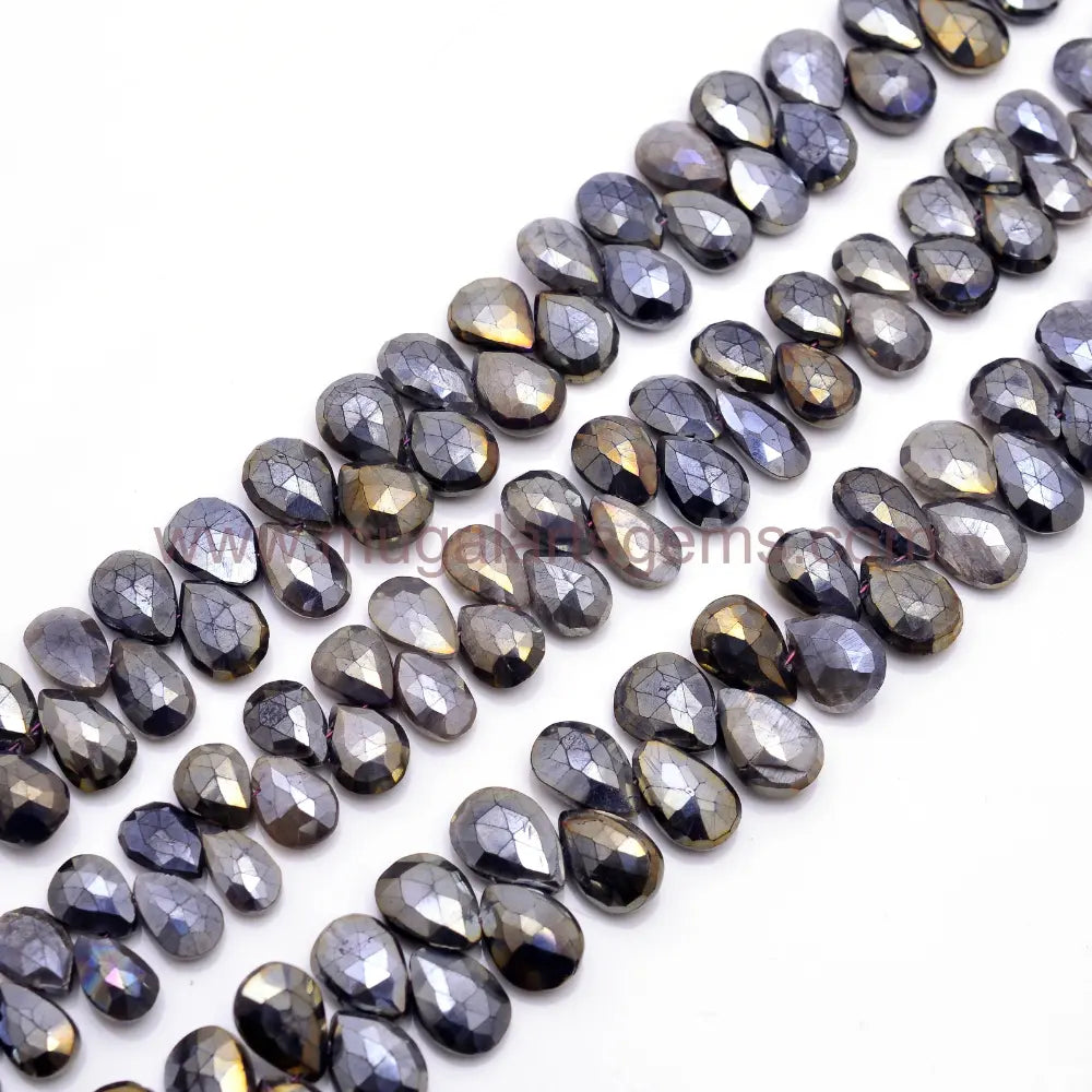 Natural Black Silverite Beads From India 5x7mm-8x12mm Approx.99.66 To 101 Ct Approx. 8 inch Pear Shape Black Color Faceted Beads.