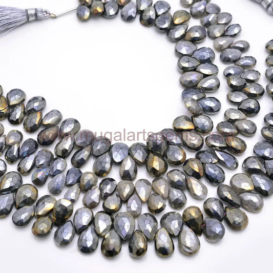 Natural Black Silverite Beads From India 5x7mm-8x12mm Approx.99.66 To 101 Ct Approx. 8 inch Pear Shape Black Color Faceted Beads.