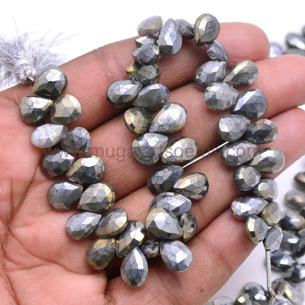 Natural Black Silverite Beads From India 5x7mm-8x12mm Approx.99.66 To 101 Ct Approx. 8 inch Pear Shape Black Color Faceted Beads.