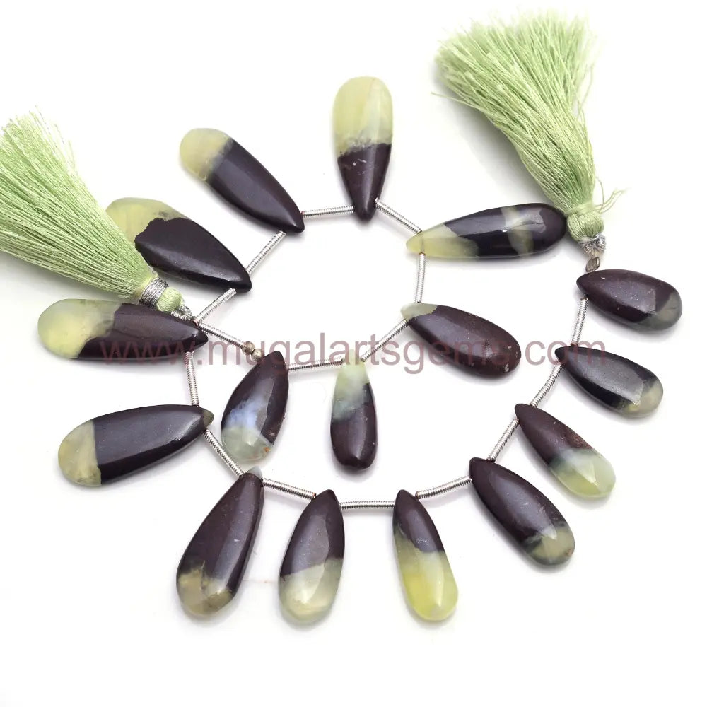 Natural Bi Prehnite Beads From Central African Republic 8x14 to 1x24mm Approx. 145 Ct Approx. 8 inch Pear Shape Bi Color Smooth Beads.