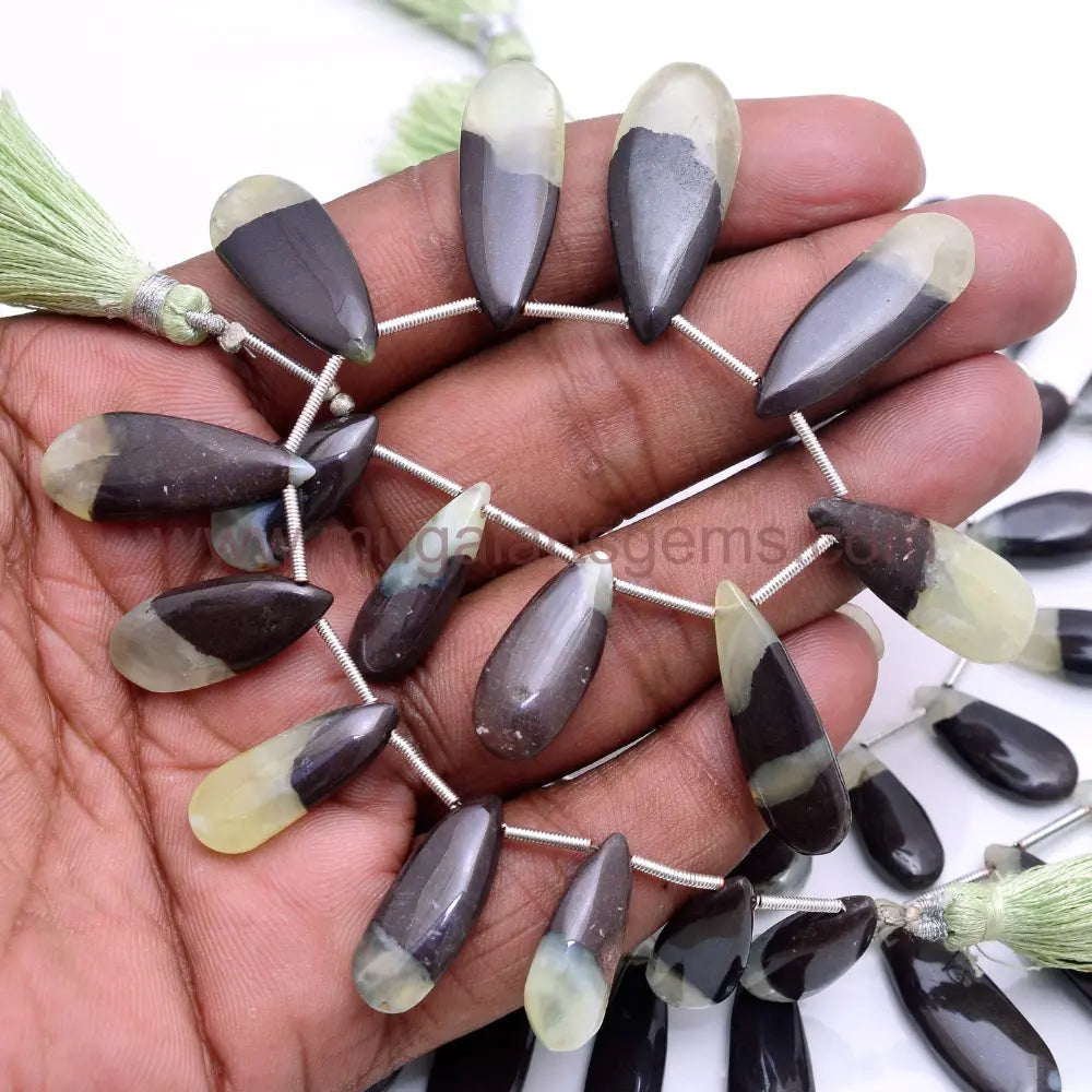 Natural Bi Prehnite Beads From Central African Republic 8x14 to 1x24mm Approx. 145 Ct Approx. 8 inch Pear Shape Bi Color Smooth Beads.