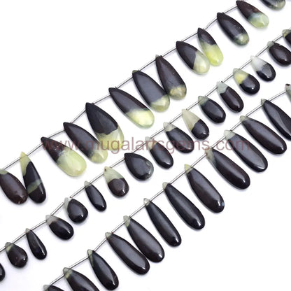 Natural Bi Prehnite Beads From Central African Republic 8x14 to 1x24mm Approx. 145 Ct Approx. 8 inch Pear Shape Bi Color Smooth Beads.