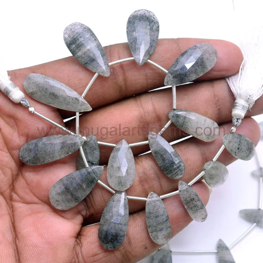 Natural Black Dot Quartz Beads From Brazil 8.5x16.5 to 10.5x40mm Approx. 107.4 Ct Approx. 8 inch Pear Shape Black Color Faceted Beads.