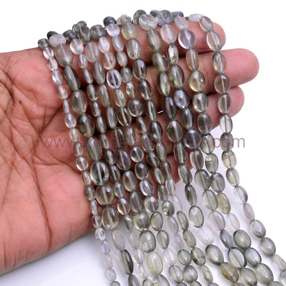 Natural Sillimanite Cats Eye Beads From India 4x.5.5 to 8x10.5mm Approx. 57.5 Ct Approx. 8 inch Oval Shape Black Color Smooth Beads.