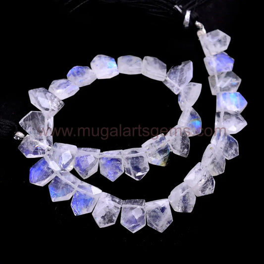 Natural Rainbow Moonstone tie shape faceted beads, 52.33 carat, 6x7.5–6.5x9.5mm, 8-inch strand for luxury jewelry making.