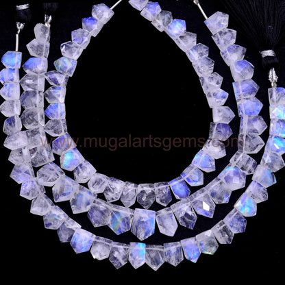 Natural Rainbow Moonstone tie shape faceted beads, 52.33 carat, 6x7.5–6.5x9.5mm, 8-inch strand for luxury jewelry making.