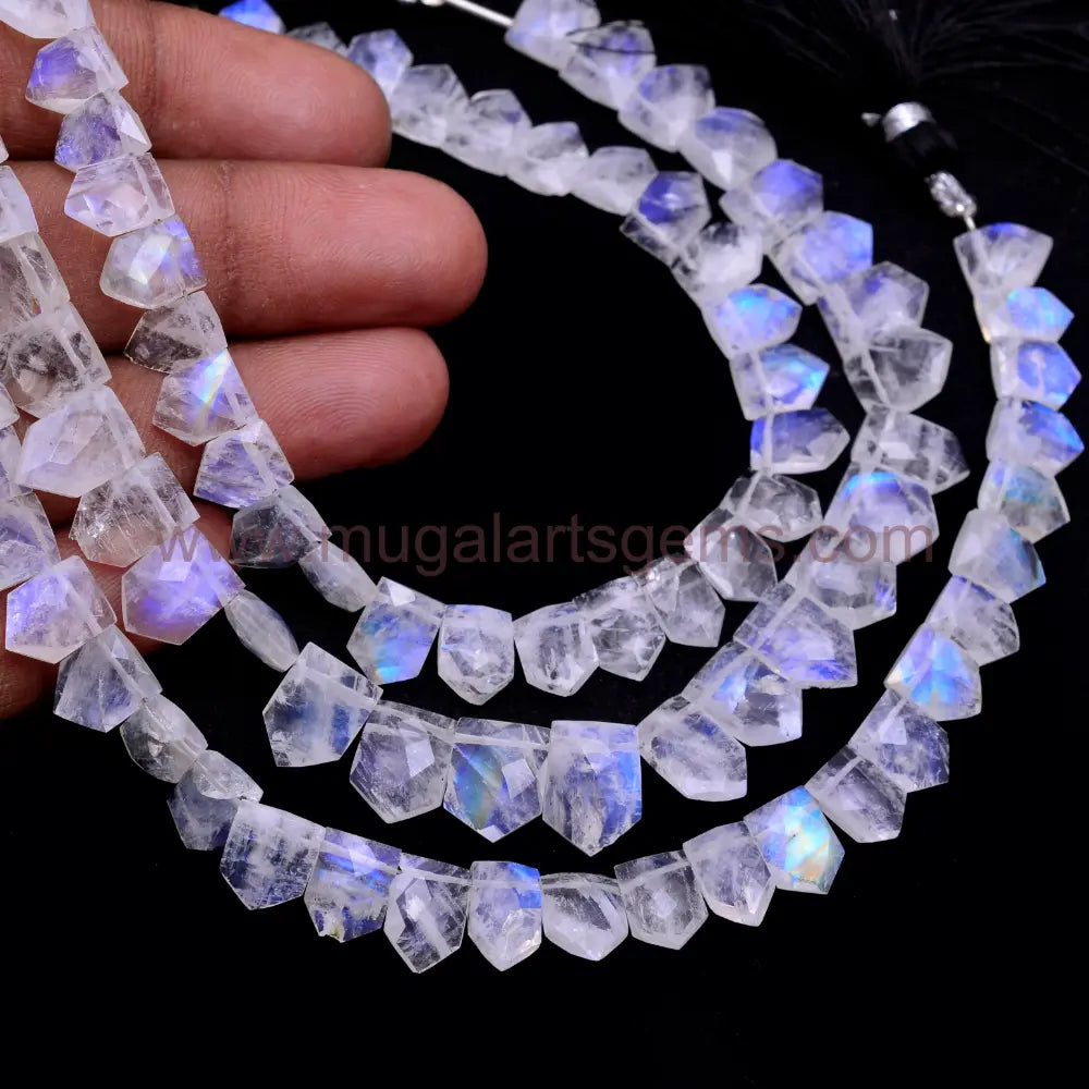 Natural Rainbow Moonstone tie shape faceted beads, 52.33 carat, 6x7.5–6.5x9.5mm, 8-inch strand for luxury jewelry making.