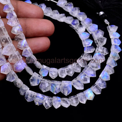 Natural Rainbow Moonstone tie shape faceted beads, 52.33 carat, 6x7.5–6.5x9.5mm, 8-inch strand for luxury jewelry making.
