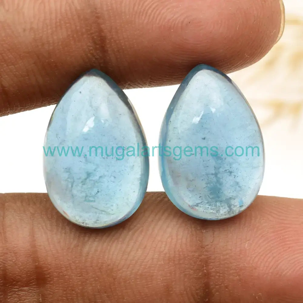 Good Quality Natural Aquamarine 1 Pair 32 Carat Approx. Smooth Cabochon 2 Pieces Lot 14x20 MM Approx. For Earring Use