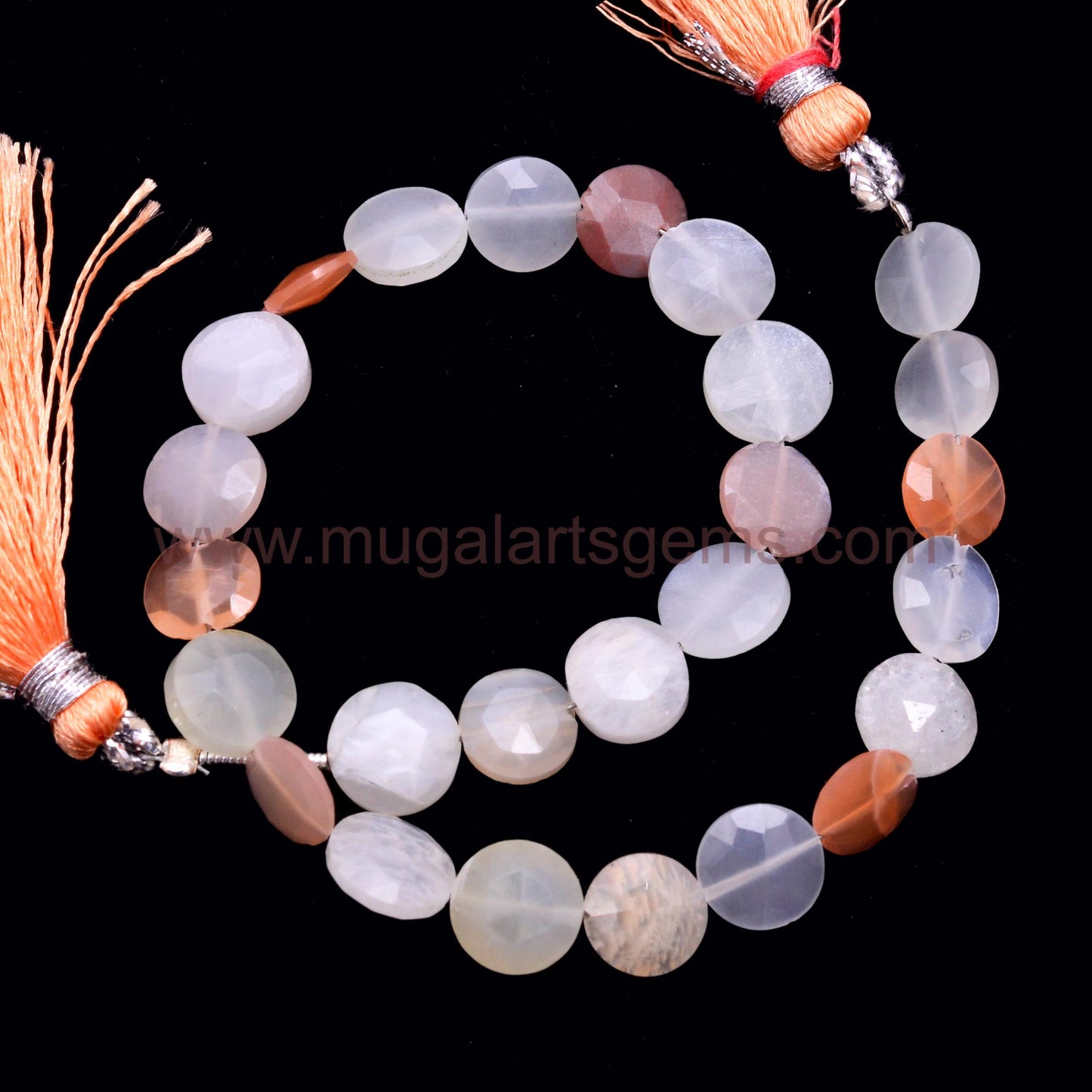 Faceted Multi Moonstone Gemstone Beads – Natural Coin Drops with Rainbow Flash and Smooth Finish