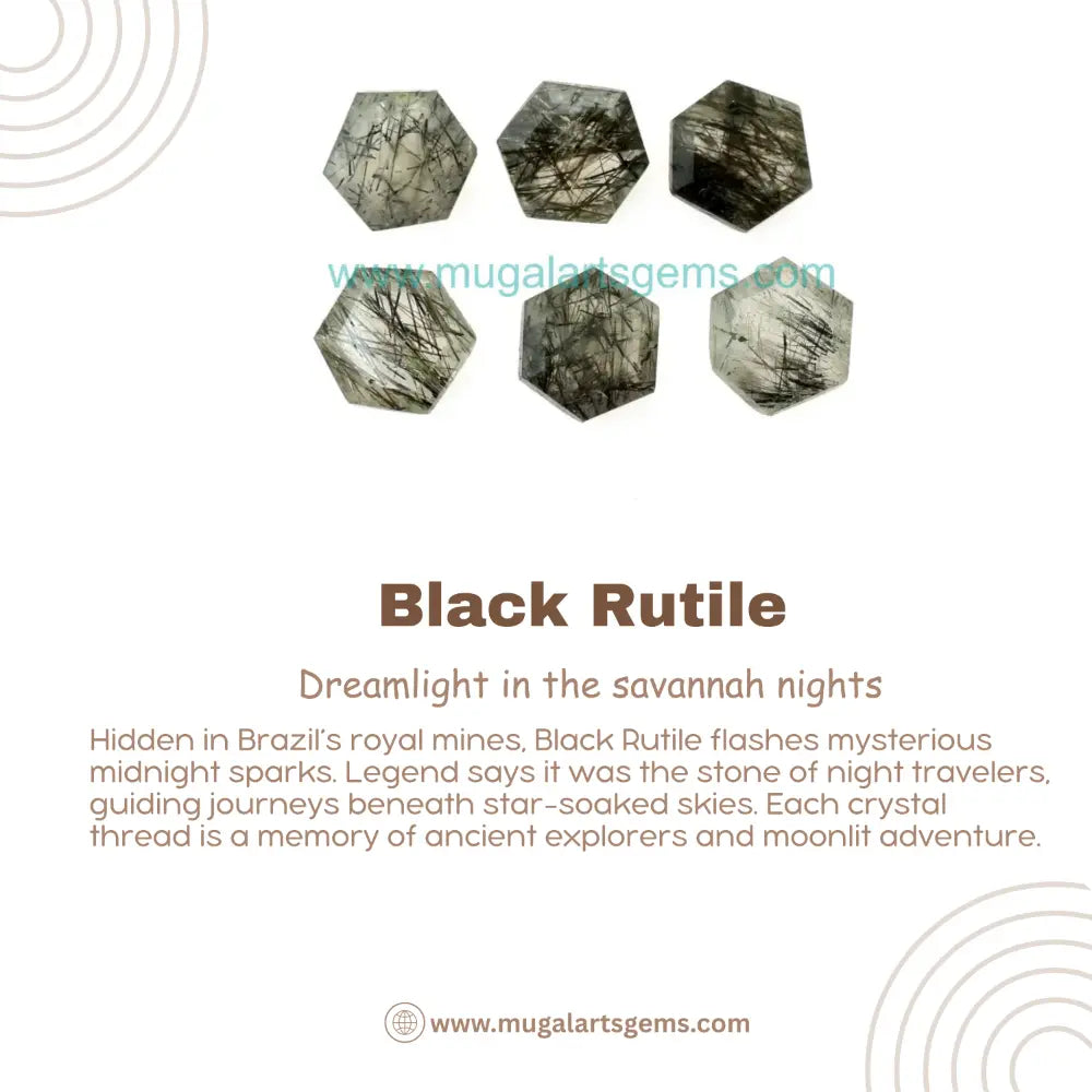 Black Rutile crystals with descriptive text on a light background