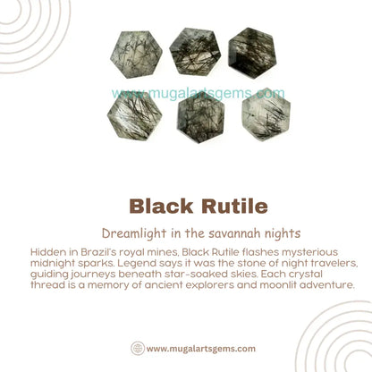 Black Rutile crystals with descriptive text on a light background