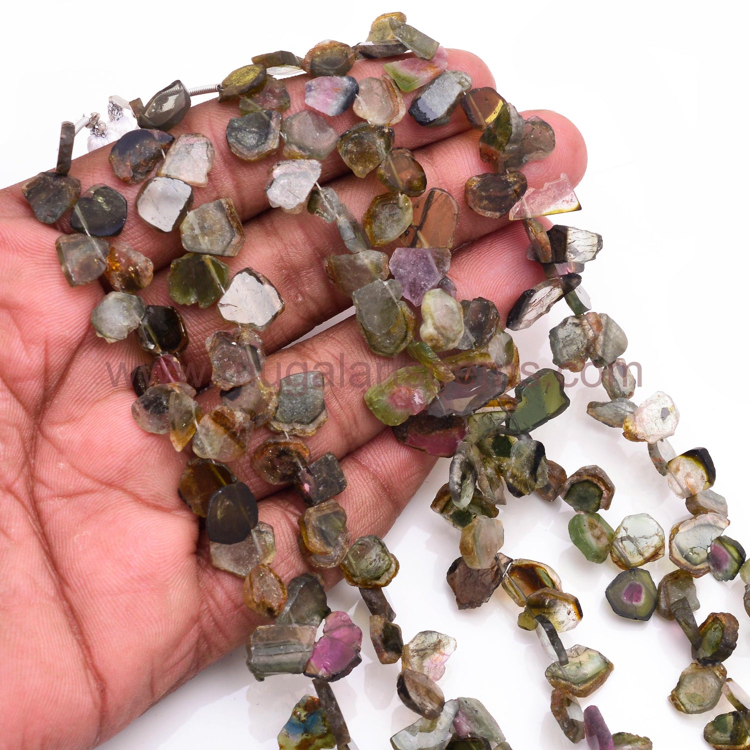 Multicolor Watermelon Tourmaline Beads – 44.45 Carat, Smooth Slice Shape, 6 Inch Natural Gemstone Strand