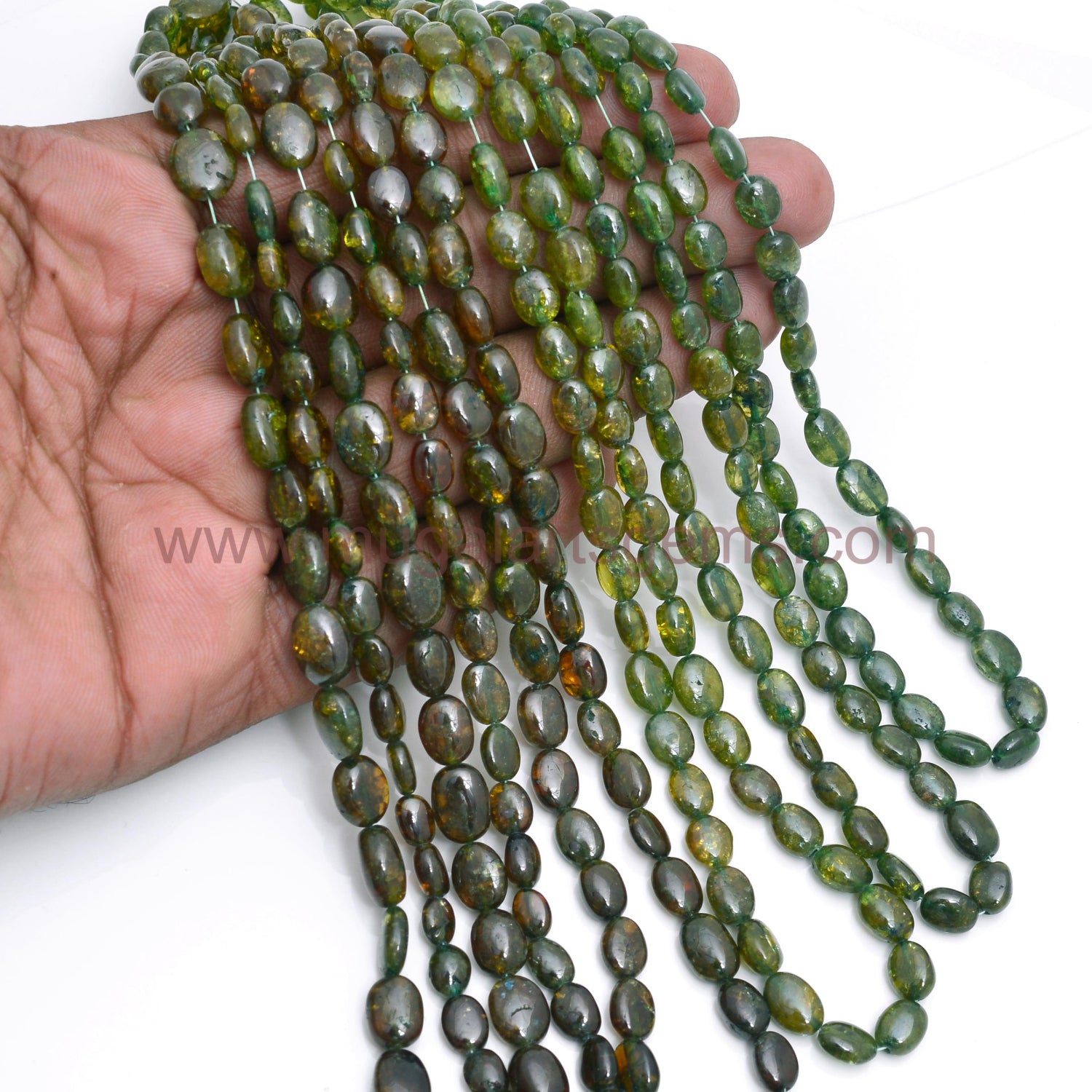 Natural Grossular Garnet Oval Beads – Smooth Green Gemstones, 16 Inch Strand for Handmade Designs