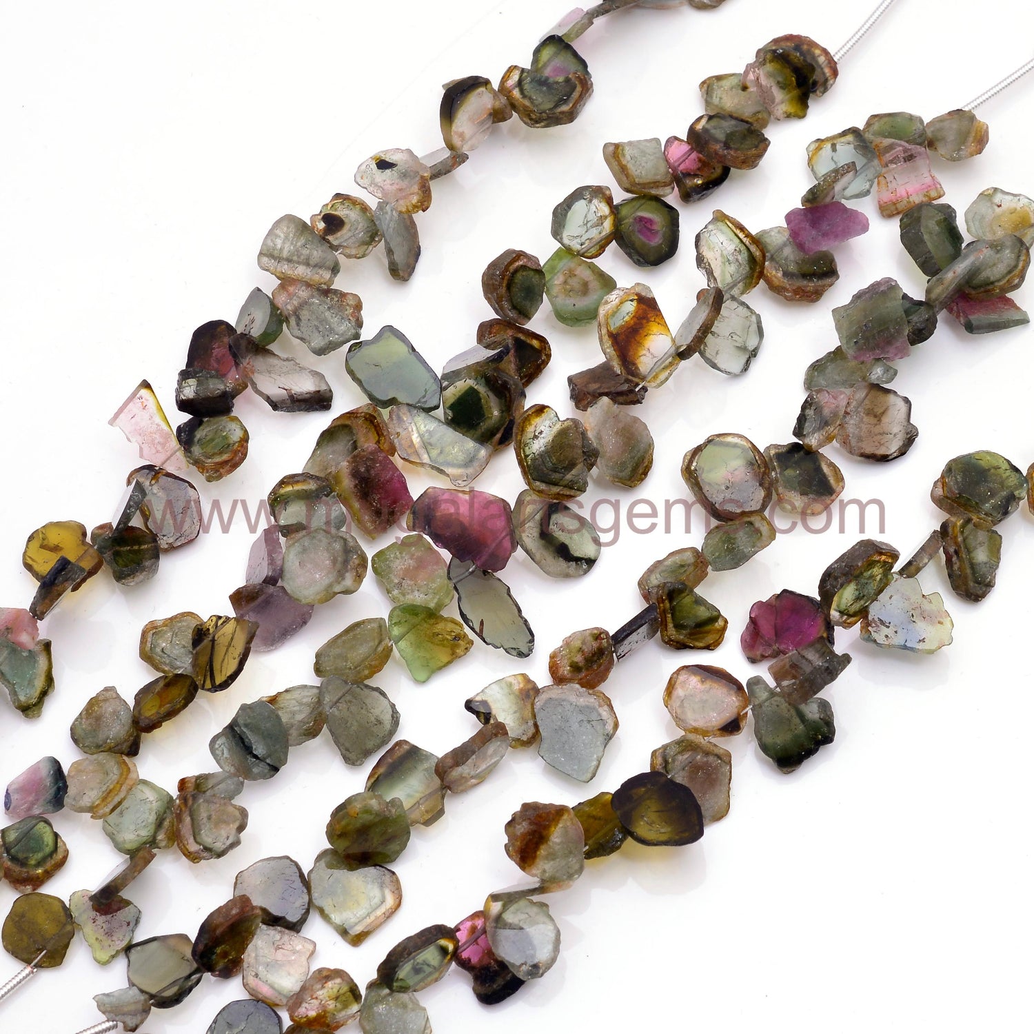Natural Watermelon Tourmaline Beads – 44.45 Carat, Multicolor Smooth Slice Shape, 6 Inch Strand