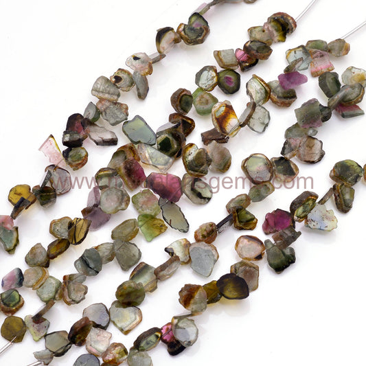 Natural Watermelon Tourmaline Beads – 44.45 Carat, Multicolor Smooth Slice Shape, 6 Inch Strand